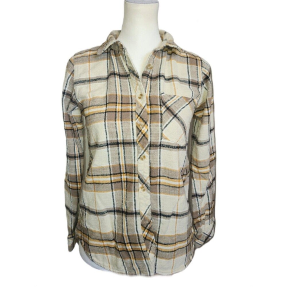 Thread & Supply 100% Cotton Beige & Orange Plaid Button Flannel Top, S